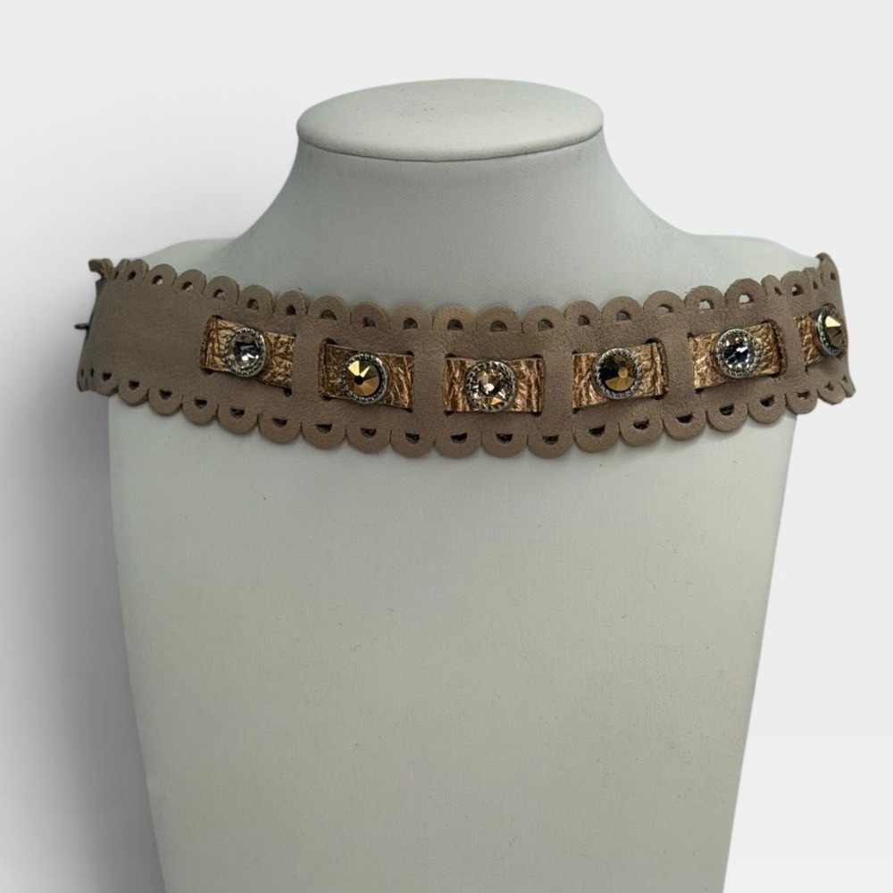 Leatherock USA Scalloped Tan Leather Crystal Embellished Choker Necklace Boho